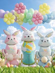 87件/套复活节派对装饰气球套装，150厘米（59英寸）高复活节站立4D兔子加厚铝箔气球，巨型哑光粉/蓝兔子造型气球，迷你马卡龙粉/黄花朵/花瓣气球，复活节气球拱门，气球花环装饰道具，适合春季、户外、花园派对装饰 - 彩色 - 查看 15