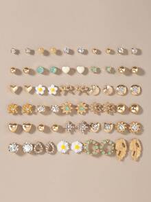 30 Pairs Of Assorted Metal Cute Flower, Rhinestone, Bow, Shell, Heart, Round Shaped Unique Fashion Delicate Stud Earrings For Women - Yellow Gold - View 6