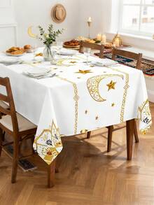 1pc White Background With Fine Gold Stars And Moons, Islamic Style, Simple And Elegant Festive Tablecloth For Holidays, Festival Party Decoration. Rectangular Tablecloth, Square Tablecloth. Suitable For Living Room, Dining Room, Outdoor Areas; Kitchen, Dining Table, Conference Table, Coffee Table, Dressing Table, Decorative Scarf, Home Decoration Tablecloth - Multicolor - View 3