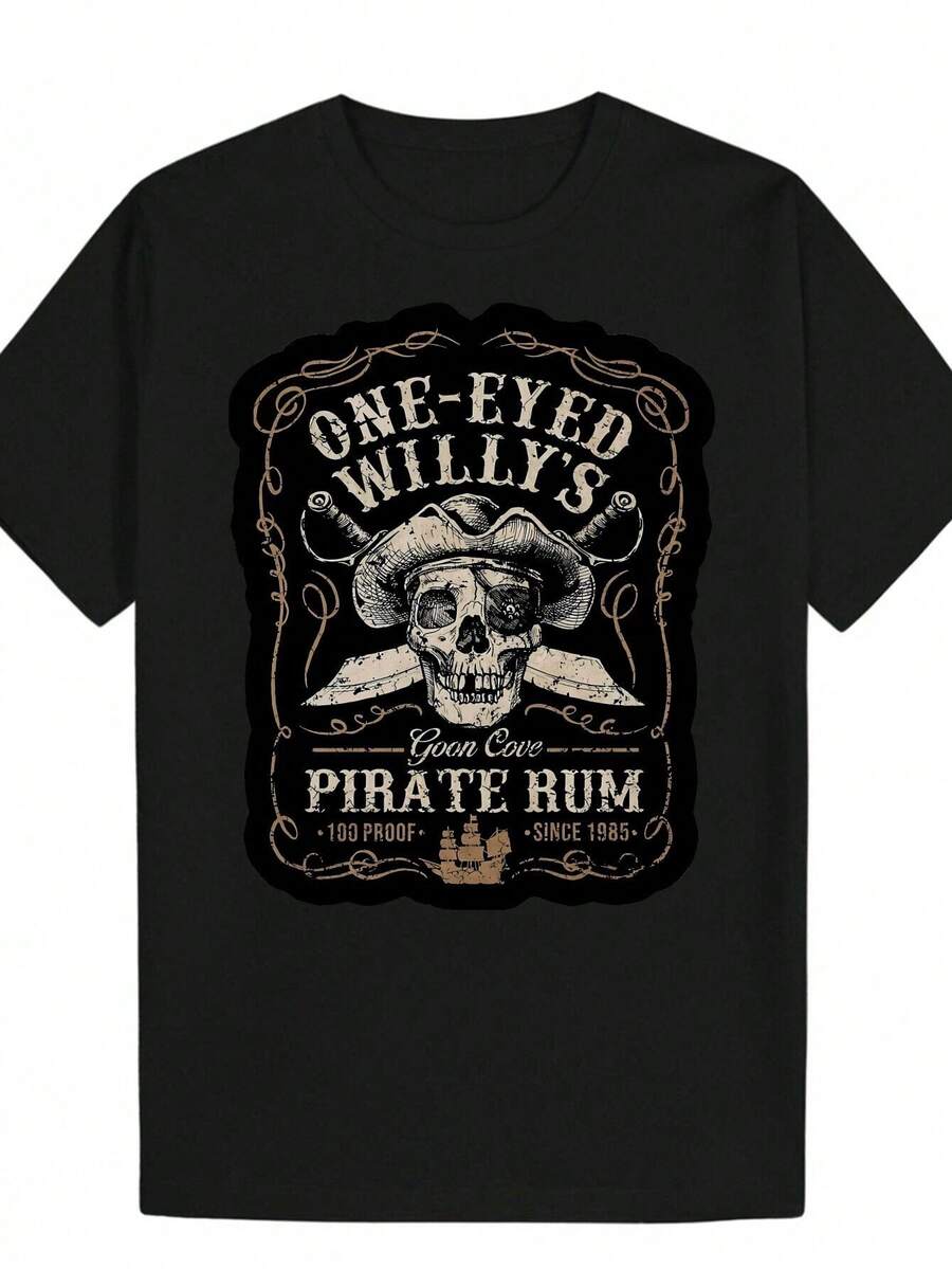 Men's Vintage Pirate Rum T-Shirt - One-Eyed Willy's Pirate Rum Logo & Skull & Crossbones Design, Black & Golden Retro Nautical Tee, Loose Fit Casual Short Sleeve Shirt, Machine Washable - Màu Xám nhạt - Xem 1