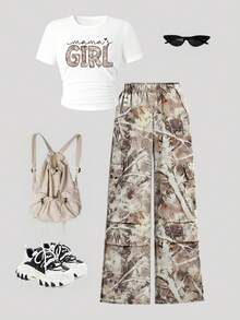 2pcs Girls Camouflage Pants And Letter Print Long Sleeve Top Set - White - View 2
