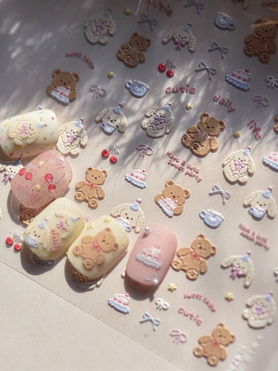 5D美甲贴纸 - 可爱卡通蛋糕、泰迪熊、蝴蝶结装饰 3D美甲贴纸,自粘美甲装饰,DIY美甲用品 - 彩色 - 查看 1