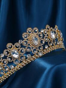 女士珠宝婚礼头饰和皇冠，金属公主皇冠新娘头饰，生日、十五岁生日庆典、选美比赛、舞会的优雅礼物 - 金色 - 查看 2
