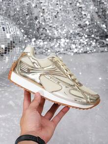 Giày thể thao nữ kiểu dáng bóng gương kim loại, giày thể thao lưới thoáng khí phong cách retro, giày casual đế dày hiện đại. - Vàng - Xem 9