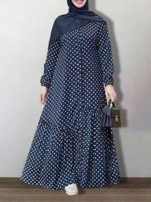 Women's Polka Dot Print Long Sleeve Loose Arabic Style Dress Spring - Blue - View 1