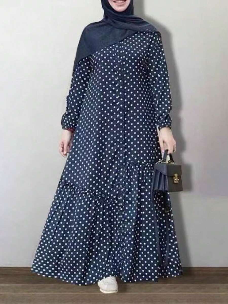 Women's Polka Dot Print Long Sleeve Loose Arabic Style Dress Spring - Blue - View 1