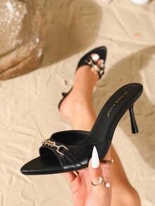 On feet& in love Dammode, eleganta, minimalistiska, mångsidiga, spetsig tå, metallkedja, öppen tå och stilettklackar, lämpliga för sommarklänningar - Svart - Visa 2