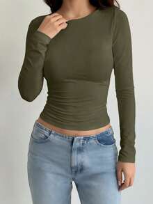 女士休闲修身圆领长袖T恤 - 軍綠色 - 查看 3