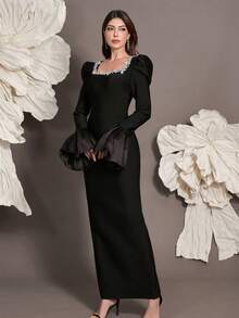 Handmade Beaded Flare Sleeve Knit Bandage Bodycon Dress, Luxury Sexy Fitted Cocktail Party Gown For Holiday, Family Gathering, Evening Event - Black - View 3