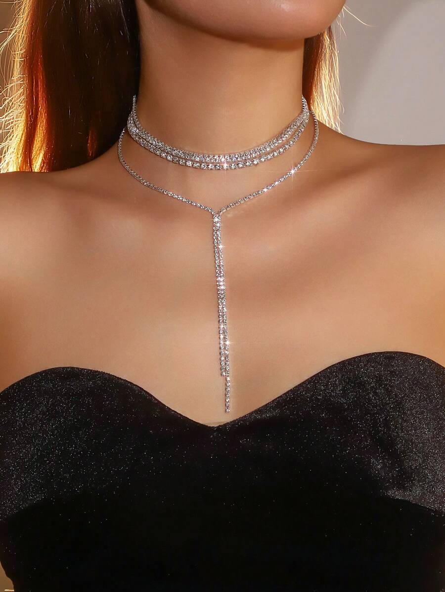 3pcs Crystal & Rhinestone Tassel Necklace, Minimalist & Fashionable, Suitable For Daily Commute, Campus Date, Street Outing, Bar Gathering, Wedding, Party, Valentine's Day - White - View 1