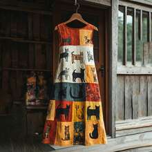 大码女式卡通猫咪拼接无袖度假连衣裙 夏季优雅 - 橘色 - 查看 2