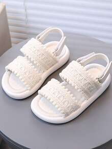 1 Pair Girls' Lace Trim Roman Sandals, Soft Sole Comfortable Casual Flat Beach Shoes, Summer - Beige - View 1