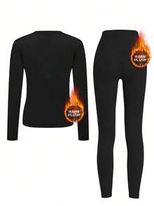 Women's Warm Fleece Thermal Underwear Set, Comfortable Base Layer, Outdoor Ski Warm Tights & Long Sleeve Round Neck Top & Pants Sets, Suitable For Yoga - 咖啡棕 - 查看 12