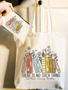 1/2pcs Set Large Capacity Beige Canvas Floral & Book Themed Printed Tote Bag And Zipper Storage Bag Set, Fashionable Floral & Book Themed Shoulder Bag, Shoulder Bag, Multifunctional Portable Travel Storage Makeup Set, Suitable For Back To School, Graduation, Travel, Birthday, Anniversary, Teacher's Day, Thank You Gifts, Essential For Students And Teachers, Great For Travel