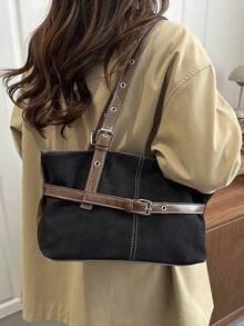 1pc Vintage Large Capacity Tote Bag, Commuter Oversized Underarm Bag, Fashionable Motorcycle Handbag, Suede & PU Patchwork Tote Bag With Strap Decor, Zipper Closure, Women's Shoulder Bag For Work, School, Travel, Shopping, Business, Suitable For Daily Use - Black - View 2