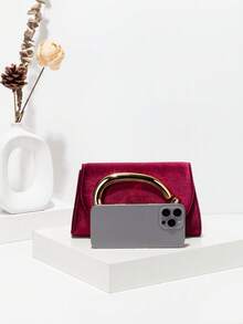 1件Helyda酒红色天鹅绒高端女士晚宴包，饰有金色装饰，可作手拿包/手提包/单肩包/斜挎包使用，适合婚礼/派对/舞会/正式场合 - 酒紅色 - 查看 2