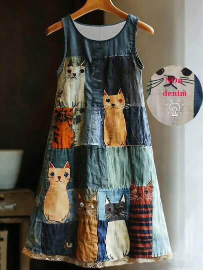 加大码无袖圆领拼接猫咪印花吊带连衣裙，及膝弹力针织修身连衣裙，女士度假装