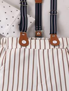 Conjunto de roupa de cavalheiro para bebê menino, 3 peças: Camisa de manga comprida + Calça listrada com suspensórios + Chapéu listrado, Terno formal para festa de aniversário infantil - Branco - Ver 4