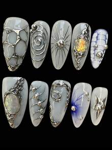 Ten-Piece Gothic Punk Handmade Nail Art, Retro Press-On False Nails, Handmade False Nails, Elegant Press-On False Nails For Ladies, Long Almond Style, Nail Art, Valentine's Day Gift For Ladies, Suitable For Girls And Ladies To Wear To Parties Or Everyday Occasions. Nail Supplies Handmade Press On Nails - Multicolor - View 9