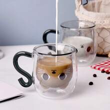 1pc Cartoon Cat Double-Layer Handle Glass Coffee Cup, Insulated & Heat-Resistant. Heart-Shaped Double-Wall Glass Cup, Cute Cat Drinkware. Birthday Gift, Valentine's Day Gift, Back To School Gift - Multicolor - View 4