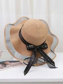 女士宽檐草帽 - 时尚便携的春夏遮阳帽，采用透气轻盈的天然草编面料，内置抽绳防风，饰有可爱蝴蝶结，并具有 UPF 50+ 防紫外线功能，是海滩度假的理想之选。 - 黑色 - 查看 2