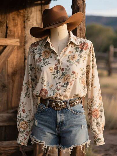 Blusa de manga larga con estampado floral vintage en color albaricoque, elegante para mujer. Ideal para vacaciones de primavera/otoño