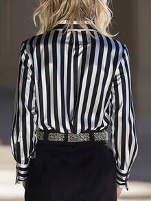 1pc Polyester Striped Contrast Color Button-Up Shirt, Suitable For Everyday Wear, Spring, Summer, Autumn - Black and White - View 4