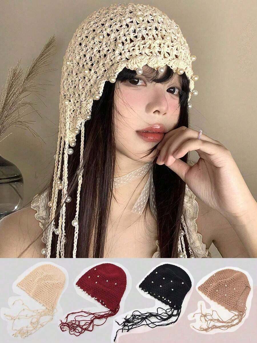 1pc Thick Handmade Crochet Hollow Out Beanie Hat, Warm Knitted Tasseled Cap, Fashion Accessory For Women, Suitable For Winter, Boho, 4th Of July, Mother-Daughter Outfit, Halloween, Vacation SHY2 - Kiểu dày nhiều màu - Xem 1