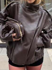 Camellia New Autumn/Winter Women's Fashion European & American Style Minimalist Versatile Litchi Texture Leather Jacket, High-End Outerwear - Brown - View 5