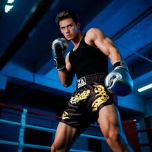 Black Muay Thai Shorts With Gold Floral Embroidery, Polyester Fabric, Wear-Resistant And Anti-Pilling, Men's And Women's Boxing Shorts, Combat Training Pants, Muay Thai Pants Spring Sports - Black - View 7