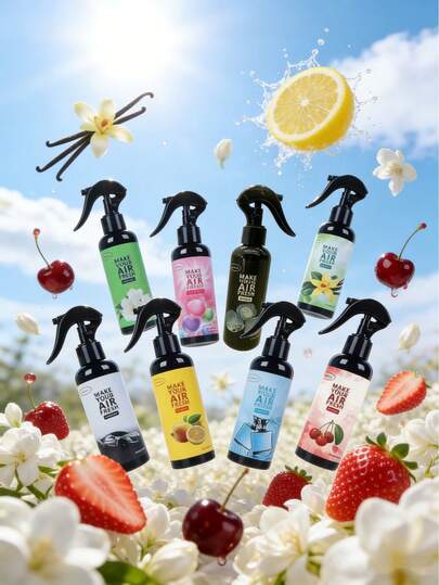 150毫升全新植物萃取香氛喷雾，强效空气清新剂，去除异味，营造浪漫氛围。香草、泡泡糖、樱桃、草莓、茉莉花香型。适用于衣物、汽车、客厅、卧室装饰，是情人节、新年、复活节、开学季和生日送给同学、朋友、家人和女性的最佳礼物。