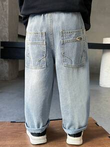 Young Boy Loose Straight Leg Jeans, Suitable For Everyday, School, Casual And Outdoor Wear, Spring/Summer/Autumn - Blue - View 3