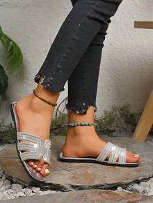 新款水钻方头休闲时尚百搭女士沙滩鞋，纯色 - 銀色 - 查看 6