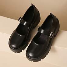 2025春季新款英伦风系带厚底中跟软皮舒适百搭女鞋 - 黑色 - 查看 1
