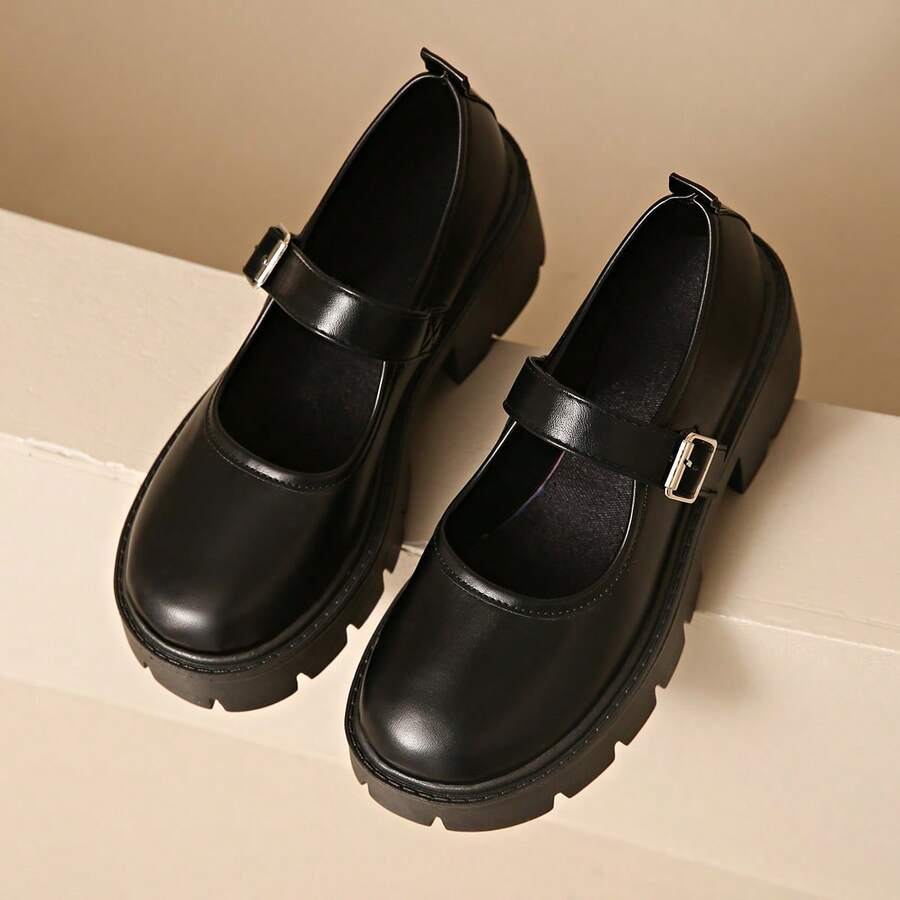 2025春季新款英伦风系带厚底中跟软皮舒适百搭女鞋 - 黑色 - 查看 1