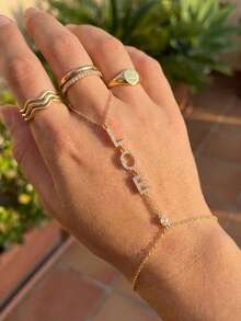 1pc Boho Gold Finger Bracelet For Women, Dainty Rhinestone LOVE Letter Hand Chain, Sparkly Crystal Link Finger Ring Bracelet, Summer Beach Wedding Valentine's Day Gifts For Girls - Multicolor - View 2