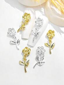 10pcs Gold & Silver Rose Flower Branch Pendant Alloy Nail Art Decor 3D Metal Leaf Tassel Nail Jewelry DIY Accessories For Girls & Women Nails Nail Supplies - Multicolor - View 1