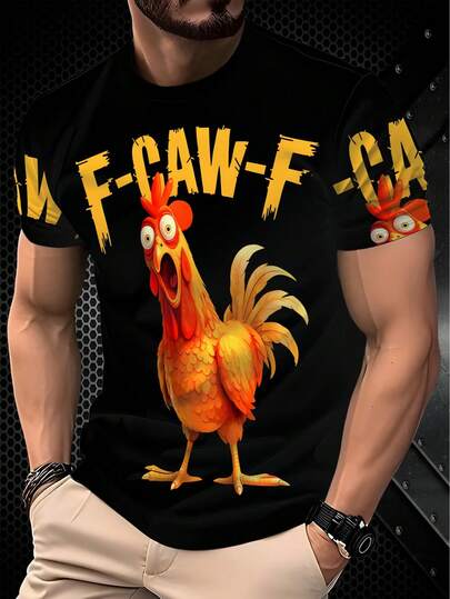 鸡图案及“F-CAW-F”文字印花趣味设计休闲短袖T恤 - 透气，可机洗，公鸡和蛋壳标志，适合派对、主题活动和新奇礼物，幽默礼物，男士趣味T恤，男士新奇T恤