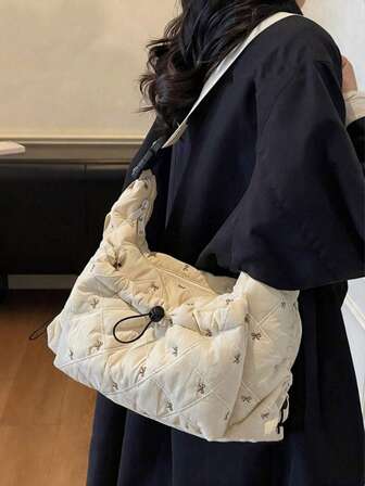 Quilted Shoulder Bag, Korean Fashion Plaid Women's Casual Versatile Shoulder Bag, Lightweight Foldable Zipper Closure Adjustable Strap, Suitable For Daily Use, School/College Students, Simple Cute Bow, Pleated, Multi-Pocket, Drawstring Front Pocket Cloth Bag