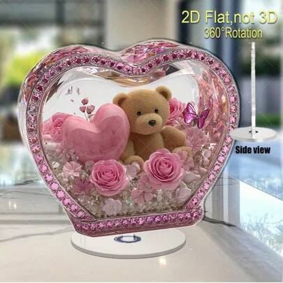 2D Flat - 1pc Heart Shaped 2D Acrylic Decor With 360° Rotating Base | Pink Rose & Teddy Bear Center Decor With Dome Cover, Romantic Gift For Valentine's Day, Birthday, No Power Required
