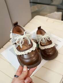 New Girls Gentle Style Small Leather Shoes With Lace Pearl Bow, Soft Sole Anti-Slip Princess Shoes, Versatile For Spring And Autumn, Student Shoes - Coffee Brown - View 6