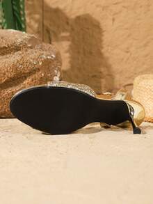 On feet& in love Women's Fashionable Elegant Strap Rhinestone Round Toe Open Toe High Heel Sandals, Suitable For Party Dresses In Summer - Gold - View 7