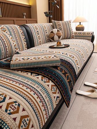 1 st. randigt chenillekuddfodral till soffa, sittdyna till 1/2/3/4-sits soffa, armstöds- och ryggstödsskydd, halkfri, lämplig för alla årstider