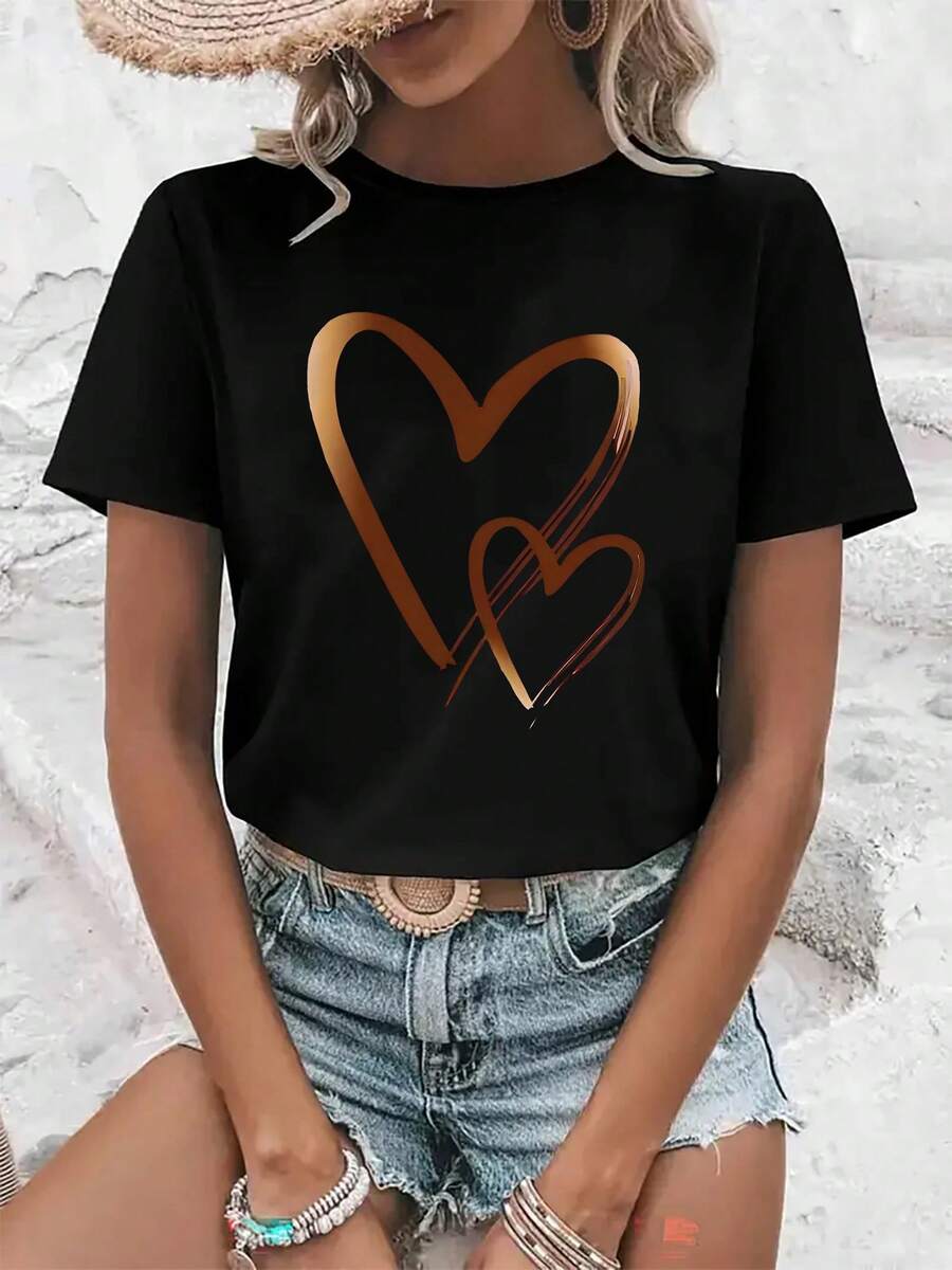 Women's Casual Sports-Shirt, Pattern Print-Elastic Round Neck, Washable And Comfortable, Women's-Shirt, Fashion Style, Tops, Convenient Care, Printed Shirt, Women's Lifestyle, Soft Texture, Fashionable-Shirt, Fashionable Women's Clothinggym, Workout Tops, Graphic Tee,-Shirt, Vintage, Valentine's Day - 黑色 - 查看 1