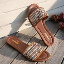 Dép xăng đan đế bằng phong cách Bohemian mùa xuân/hè dành cho nữ, kiểu dáng đi biển, chất liệu vải, điểm nhấn kim loại, nhẹ, thời trang, thoải mái, màu trơn, sang trọng, phù hợp cho du lịch, ở nhà và nghỉ mát. - màu nâu - Xem 8