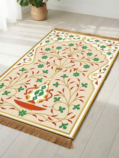 1pc Floral Pattern Throw Blanket With Tasseled Edges, Washable Area Rug