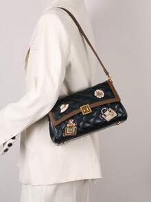 2026新款时尚女士腋下包，奢华高品质绗缝刺绣包，别致徽章优雅单肩包，多功能大容量通勤单肩/斜挎包 - 彩色 - 查看 10