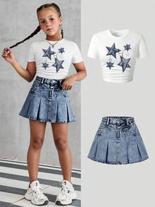 Bộ đồ bé gái in hình hoạt hình tay ngắn và chân váy denim - trắng - Xem 7
