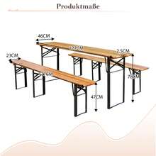 Folding Beer Garden Set 175 Cm, 3 Pieces: 1 Folding Table + 2 Benches, Weather-Resistant Solid Pine, Space-Saving. - Natural Wood Color + Metallic + 175cm - View 3