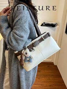 1pc Fashion Women's Underarm One Shoulder Bag With Pendant, Suitable For Daily Outing, Dating, Commuting - white brown - View 5